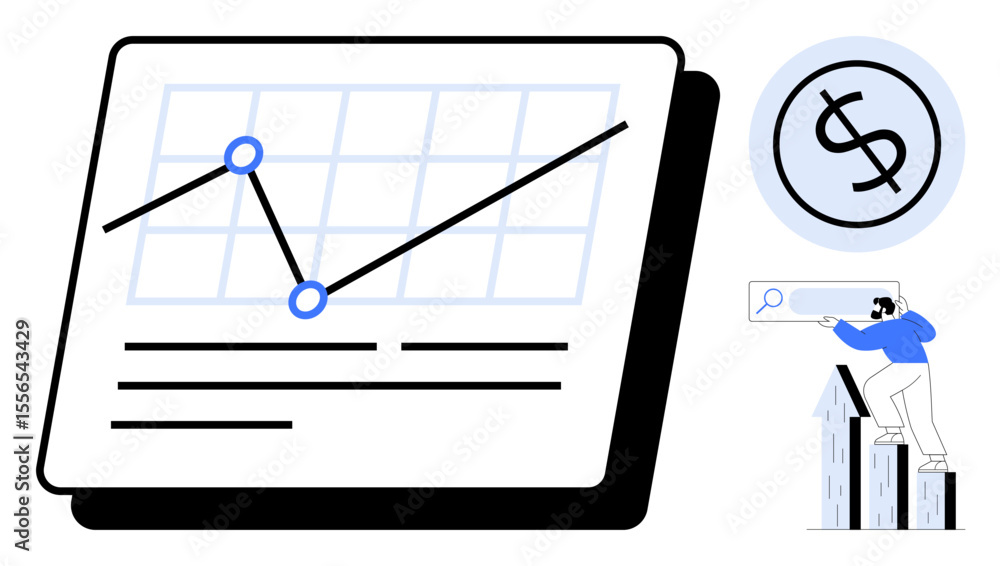 Poster rising financial graph with data points, highlighted dollar sign, and figure analyzing data on upwar