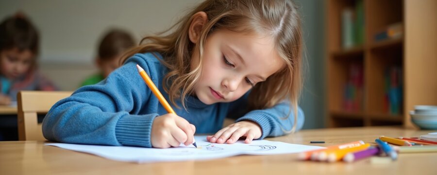 Young schoolgirl draws, paints using colored pencils. Cute girl sits at desk, home, school or kindergarten. Creative study time, artistic activity and fun leisure concept.