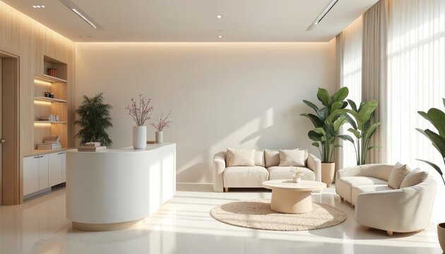 Modern beauty salon reception interior. White walls, light-colored furniture. Comfortable waiting area for clients. Spa center, aesthetic clinic, cosmetology, skin care treatment, design for beauty