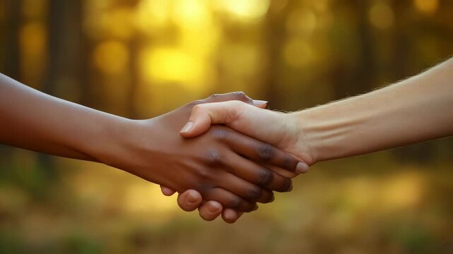 Close-up of interracial handshake between two people in natural outdoor light, symbolizing unity and equality, golden earthy tones, for diversity campaigns, corporate values content, and nonprofit mes