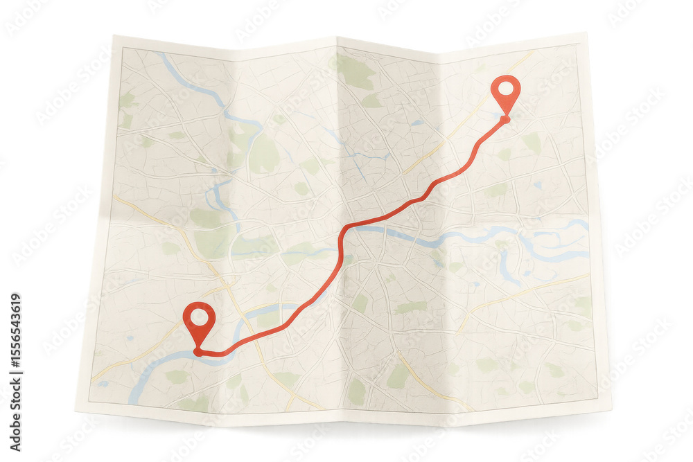 Poster folded paper map showing a route marked with a red line and location pins, isolated on transparent b