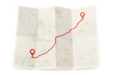 Folded paper map showing a route marked with a red line and location pins, isolated on transparent background