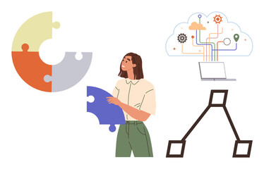 Woman holding a puzzle piece, connected puzzle, laptop with data cloud, and flow chart diagram. Ideal for problem solving, teamwork, innovation, planning technology data strategy. Simple flat