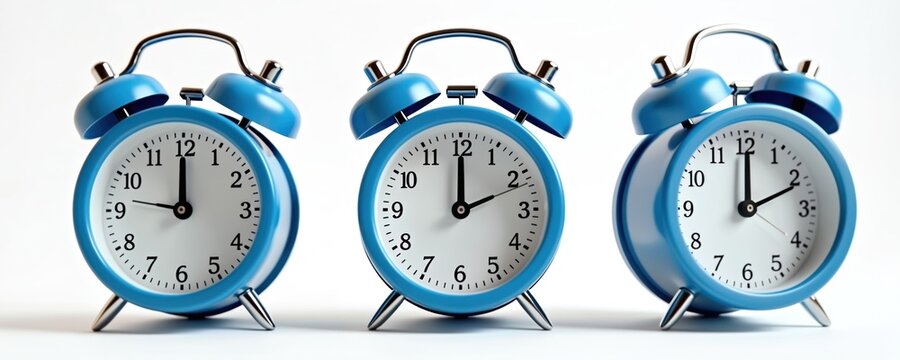 Three blue alarm clocks on white background. Close-up view of retro clocks, perfect time management concept. Set at different times, signifying concept time passing different schedules. Symbol of