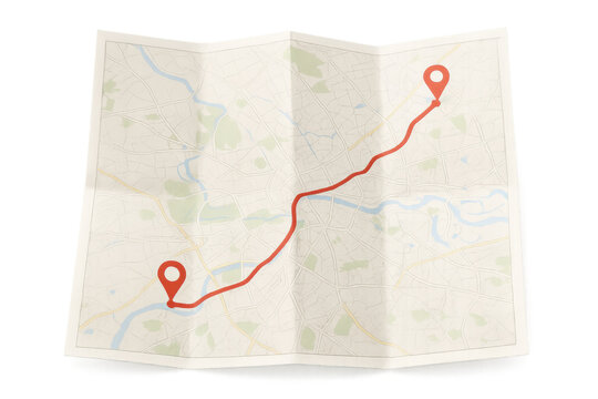 Folded paper map showing a route marked with a red line and location pins, isolated on transparent background