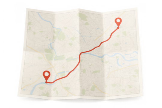 Folded paper map showing a route marked with a red line and location pins, isolated on transparent background