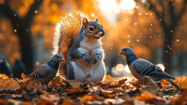 Autumn scene with grey squirrel and two pigeons interacting on city street in sunlight