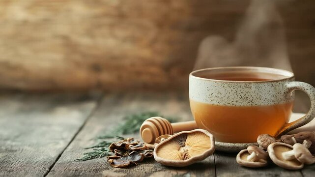 Steaming herbal mushroom tea in rustic ceramic cup surrounded by reishi, chaga and dried herbs on wooden surface, warm earthy tones, natural wellness product video loop with copy space on right for br