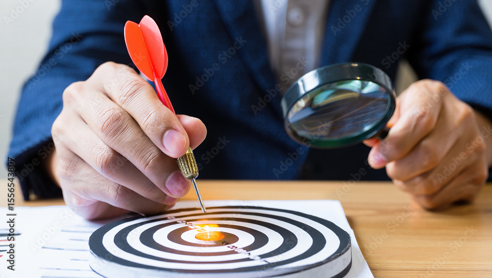 Aufkleber precision targeting a businessman's focus on achieving goals with a magnifying glass and dart on a t