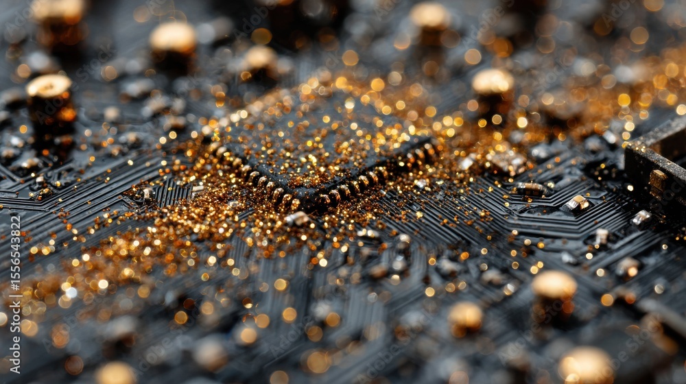 Poster close-up of a computer processor chip on a black circuit board covered in gold glitter at an electro