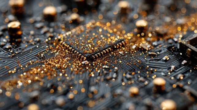 Close-up of a computer processor chip on a black circuit board covered in gold glitter at an electronics manufacturing factory