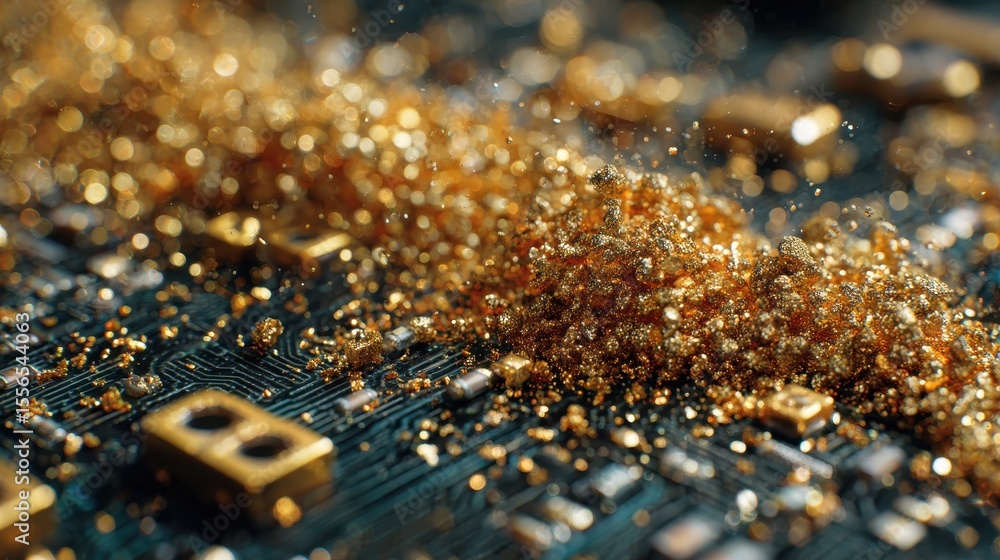 Poster close-up of a computer processor chip on a black circuit board covered in gold glitter at an electro