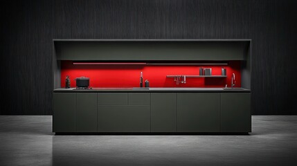 Modern kitchen with dark gray cabinets and a red accent wall.