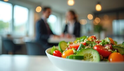 Fresh colorful salad bowl in focus. Blurred people at background, office cafeteria. Healthy eating promotion during work lunch break. Nutrition, diet, vegetarian food with fresh vegetables for weight