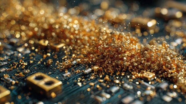 Close-up of a computer processor chip on a black circuit board covered in gold glitter at an electronics manufacturing factory