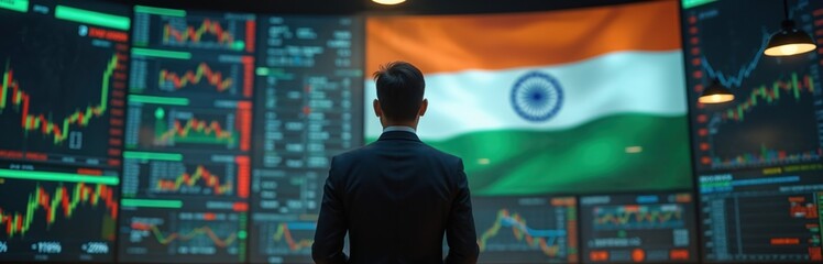 Plakat Businessman looks at digital trading platform with market charts, Indian flag background. Economic growth, stock exchange, investment trends finance concept. India financial market, global