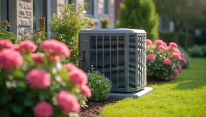 Residential HVAC unit in landscaped backyard setting. Air conditioning system, climate control equipment on green grass. Home exterior design property, HVAC, professional service, energy efficiency