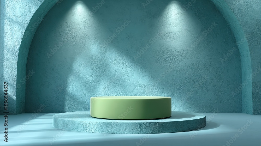 Poster podium in light blue studio with archways and two spotlights shining on presentation surface