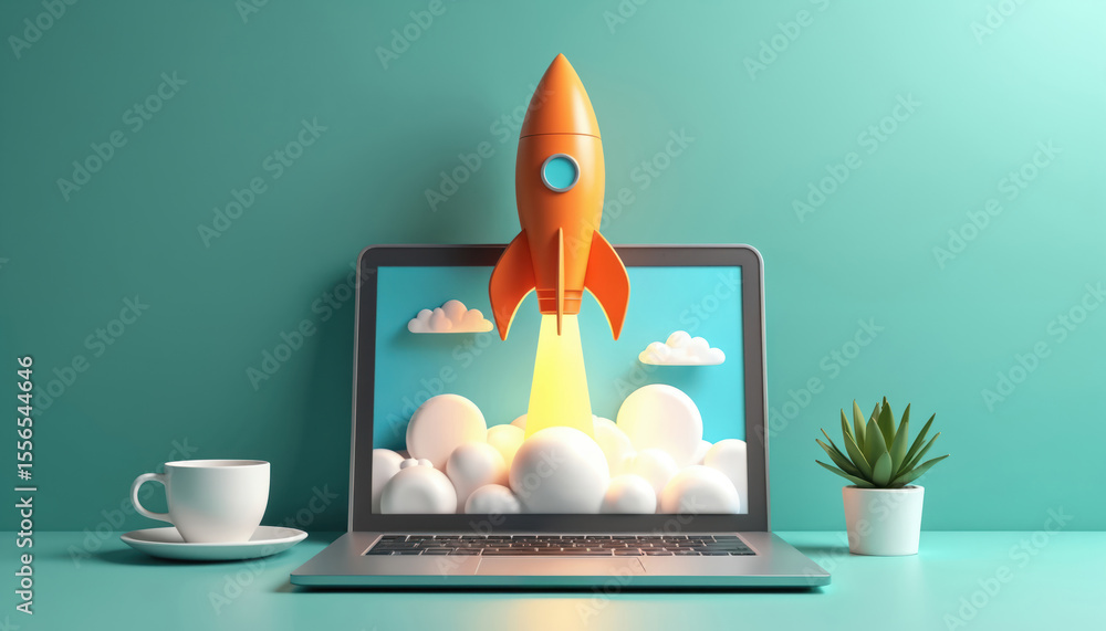 Aufkleber startup business concept with rocket launch on laptop. 3d render illustration with flying rocket ico