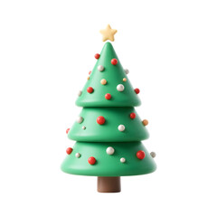 Festive cartoon christmas tree with ornaments and star topper isolated on transparent background