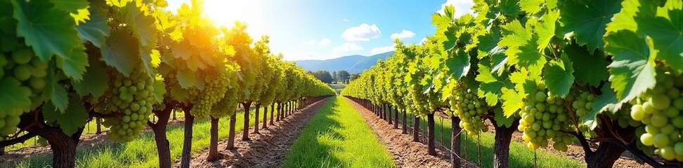 Obraz premium Sun-Drenched Vineyard Ready for Harvest Lush Grapevines Hanging Heavy with Ripe Grapes Under a Bright Blue Sky, Idyllic Wine Country Landscape
