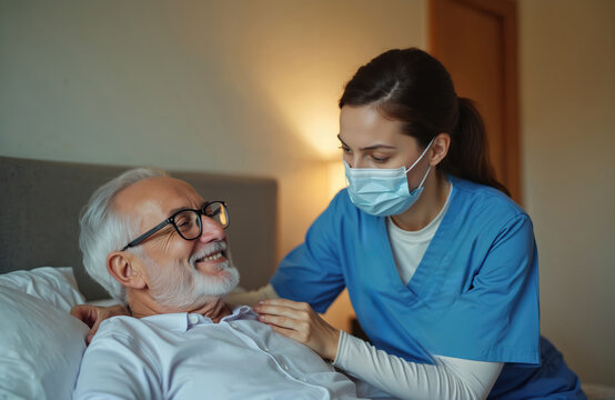 Nurse assists elderly man at home. Healthcare worker wearing protective mask comforts senior patient. Face mask, medical care. Healthcare, support, safety, virus protection. Senior man smiles looking
