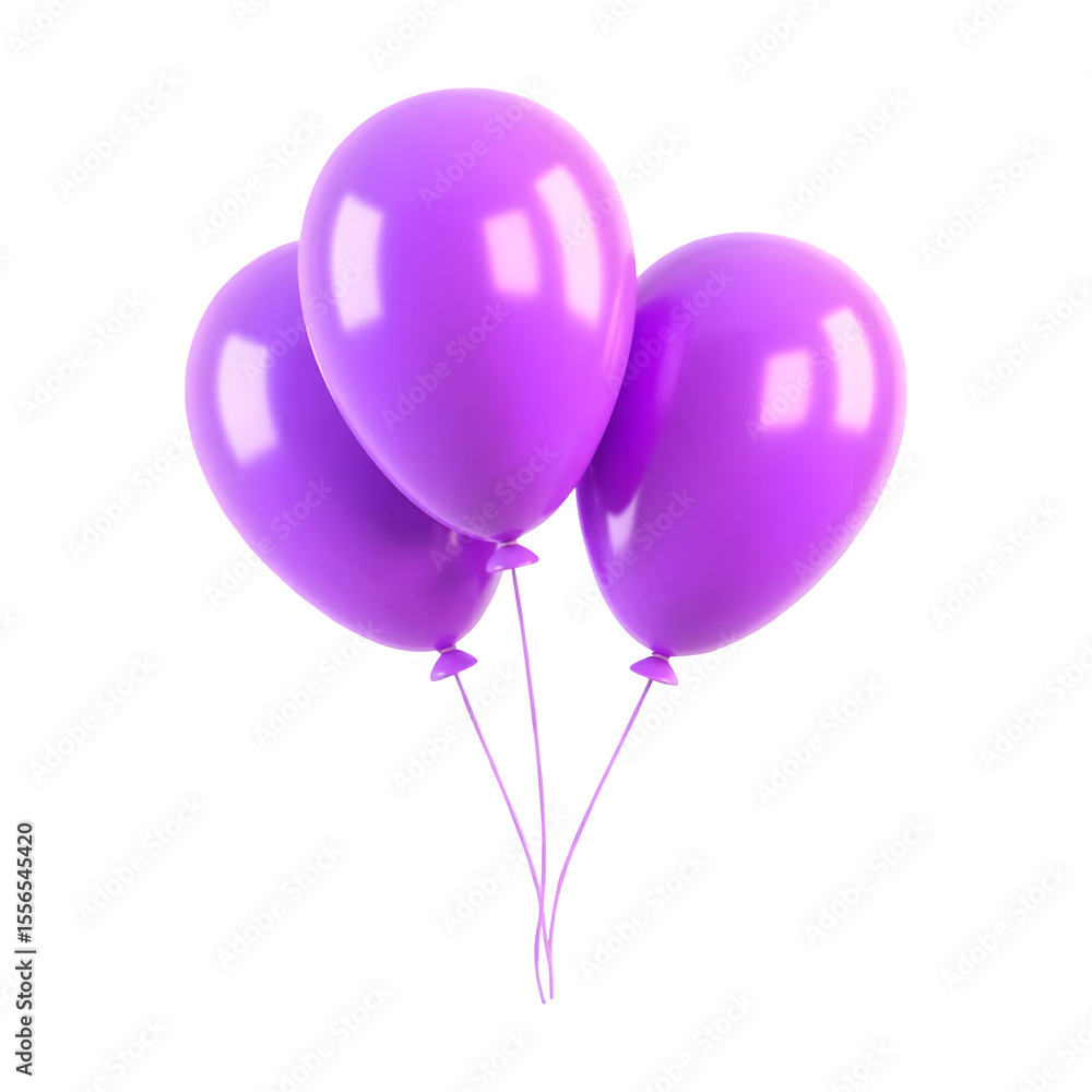 Poster three shiny purple balloons tied together with strings isolated on transparent background