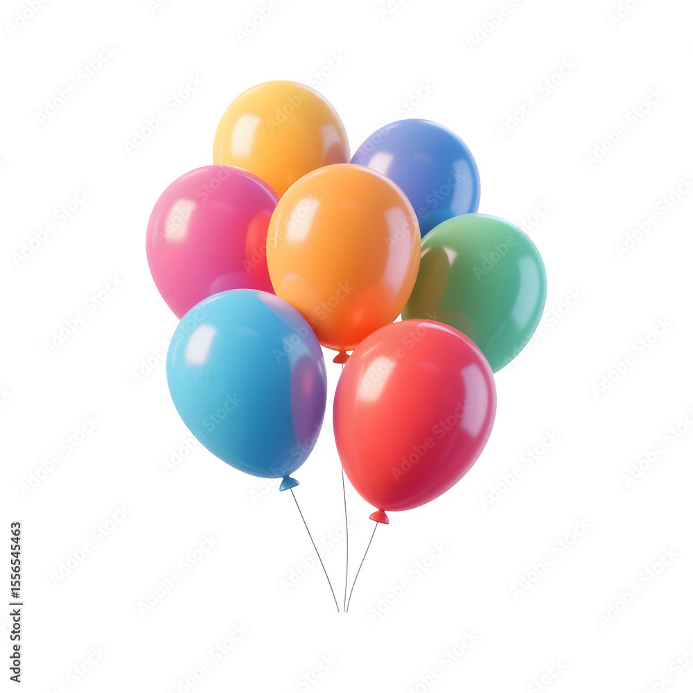 Poster a cluster of seven colorful balloons floating together isolated on transparent background
