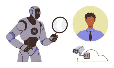 AI-powered robot holding magnifying glass examining human profile, surveillance camera linked to cloud storage. Ideal for artificial intelligence, data security, digital identity, biometrics