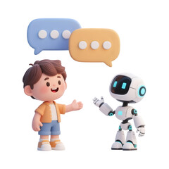 Cute cartoon boy and friendly robot having a conversation with speech bubbles isolated on transparent background