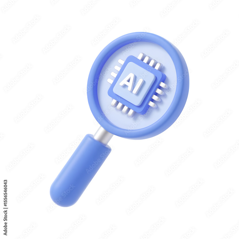 Poster magnifying glass over a computer chip with ai text isolated on transparent background