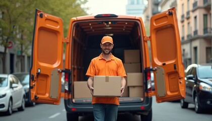 Courier delivery man stands with cardboard box near orange van. Driver wearing uniform in city street, delivering package, express shipping service. Logistic and transportation.