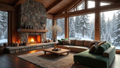 Cozy cabin interior with warm fireplace. Comfortable seating, large windows showcase snowy forest landscape. Luxury design, home decor, living room, tranquil place for rest. Fire burning inside, warm