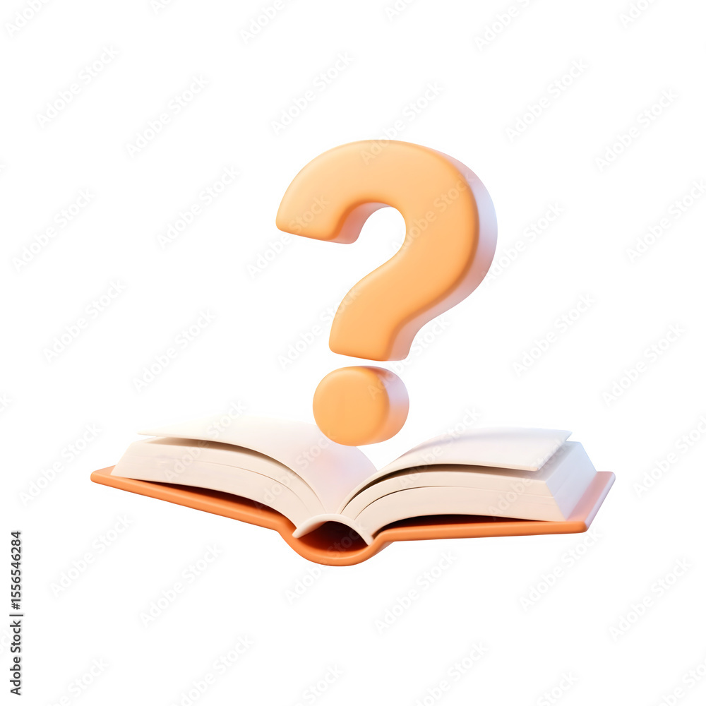 Poster open book with an orange question mark hovering above it isolated on transparent background