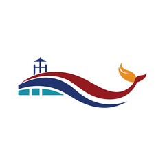 Fototapeta premium The colorful vector illustration depicts a lighthouse and a boat with a blue wave and a flag design on a banner
