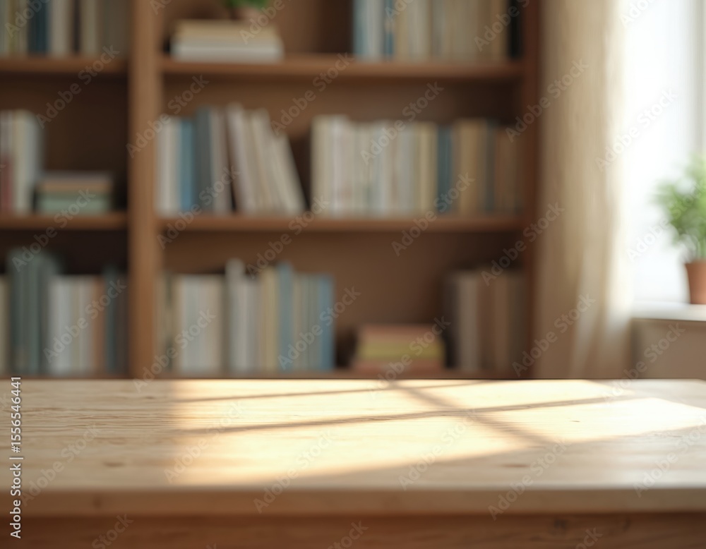 Poster empty wooden table, blurred background of bookshelf. sunlight, bright space for product placement de
