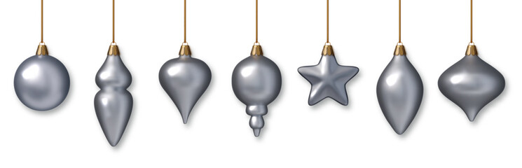 Christmas silver baubles realistic set PNG. Shiny 3D ornaments in silver metallic colors. Elegant holiday decorations for New Year, Xmas tree, celebration design.
