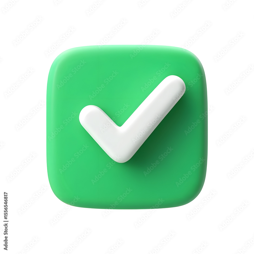 Fototapete 3d green square icon with a white checkmark symbol isolated on transparent background