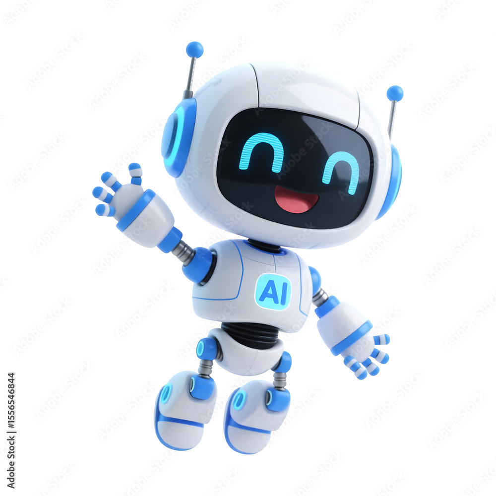 Poster friendly cartoon robot waving hello with ai logo on its chest isolated on transparent background