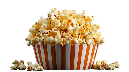Fresh popcorn overflows from a striped container, ready for movie night or a tasty, salty snack transparent.