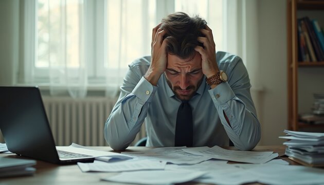 Stressed businessman at office desk with head in hands. Papers, documents on table. Financial crisis, business bankruptcy concept, despair, stress, overwhelmed, corporate failure.