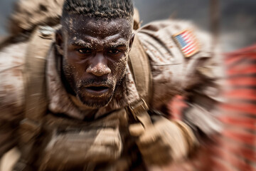 Soldier navigating a challenging military training obstacle course while wearing tactical gear and exhibiting determination and focus