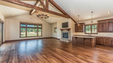 Spacious open-concept great room with kitchen and fireplace.