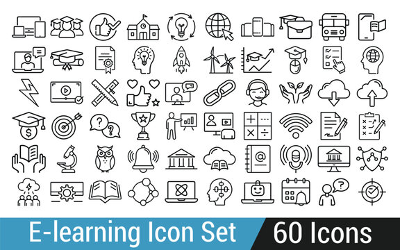 E learning Icon Set Featuring Online Education and Technology Concepts Depicted in Line Art Style Perfect for Educational Resources and Digital Learning Platforms Visual Design