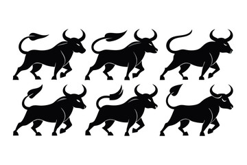 set-of-8-bold-black-ox-silhouettes-in-dynamic-acti.eps