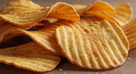 Crinkle Cut Chips Leaning on Each Other with Soft Shadows, Close-Up