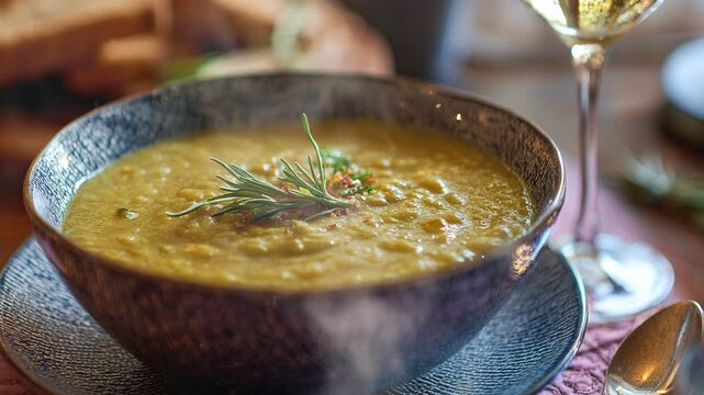 Split pea soup in dish on the table with smoke