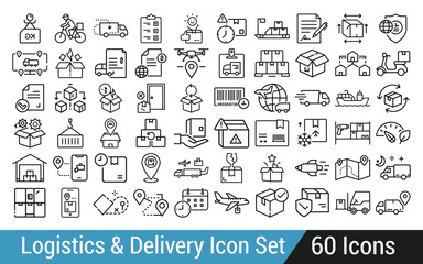 Diverse Logistics and Delivery Icon Set Representing Transportation Methods Shipping and Supply Chain Activities for Modern Business Solutions and E-commerce with Route Planning