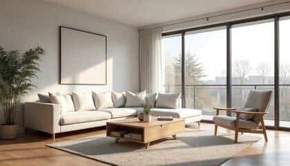 Fototapeta premium Bright living room interior in modern Scandinavian style. White sofa modular furniture with cotton textiles wooden floor coffee table armchair, large steel windows viewing city, soft carpet.