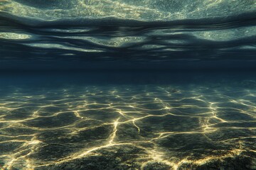 Underwater scene with sunlight rays illuminating a sandy seabed in dark teal water ocean